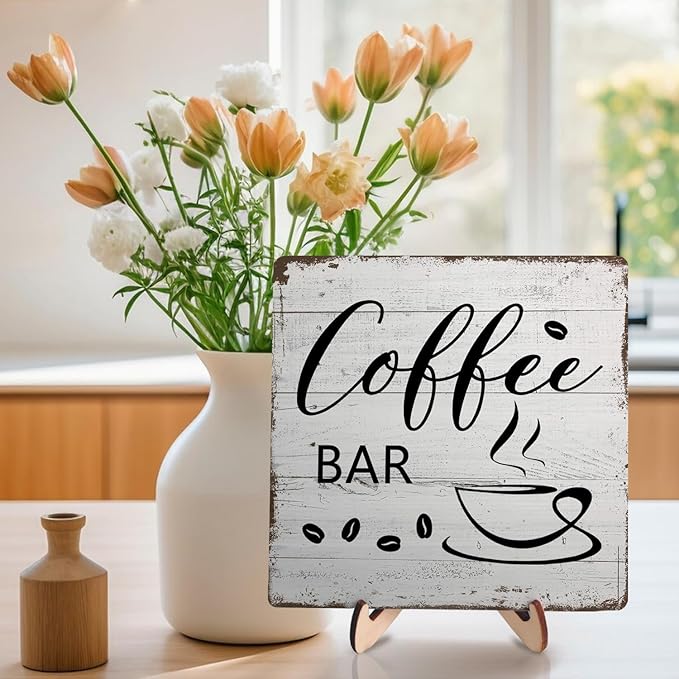 Coffee Bar Decor Sign – Rustic Wooden Plaque for Coffee Station, Farmhouse Cafe Shelf Accessories, Desk or Kitchen Counter Decor,Birthday,Mother Day Gift 5.9 x 5.9 Inch