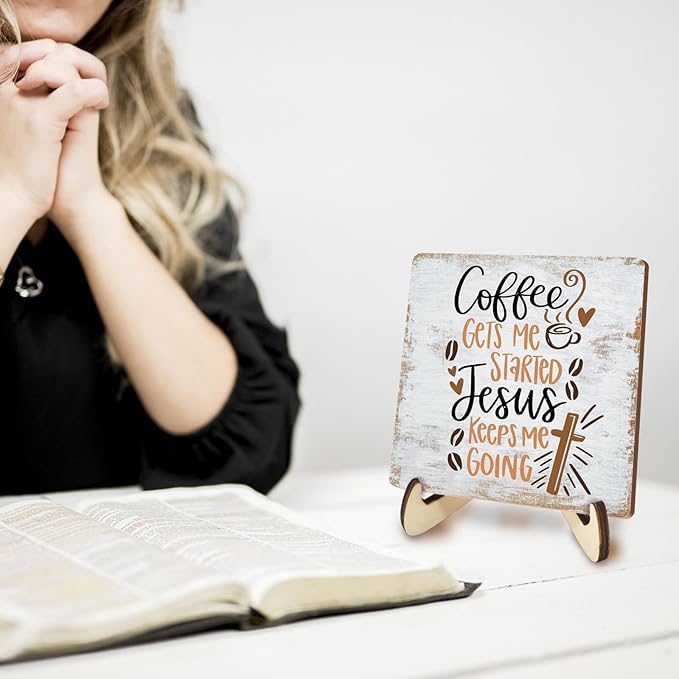 Inspirational Coffee Sign Rustic Desk Decor Decorative Christian Religious Bible Verse Faith Decoration for Home Farmhouse Bedroom Office Coffee Bar Table Shelf Tiered Tray Plaque with Wood Stand
