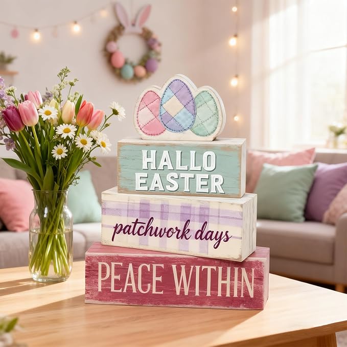 Easter Decorations - Easter Eggs Patchwork Tiered Tray Decor - Wooden Easter Tabletop Sign - Rustic Farmhouse Spring Home Decor Indoor for Tiered Tray Shelf Mantel Entryway Coffee Table - Spring Home Decor for Living Room, Kitchen Counter