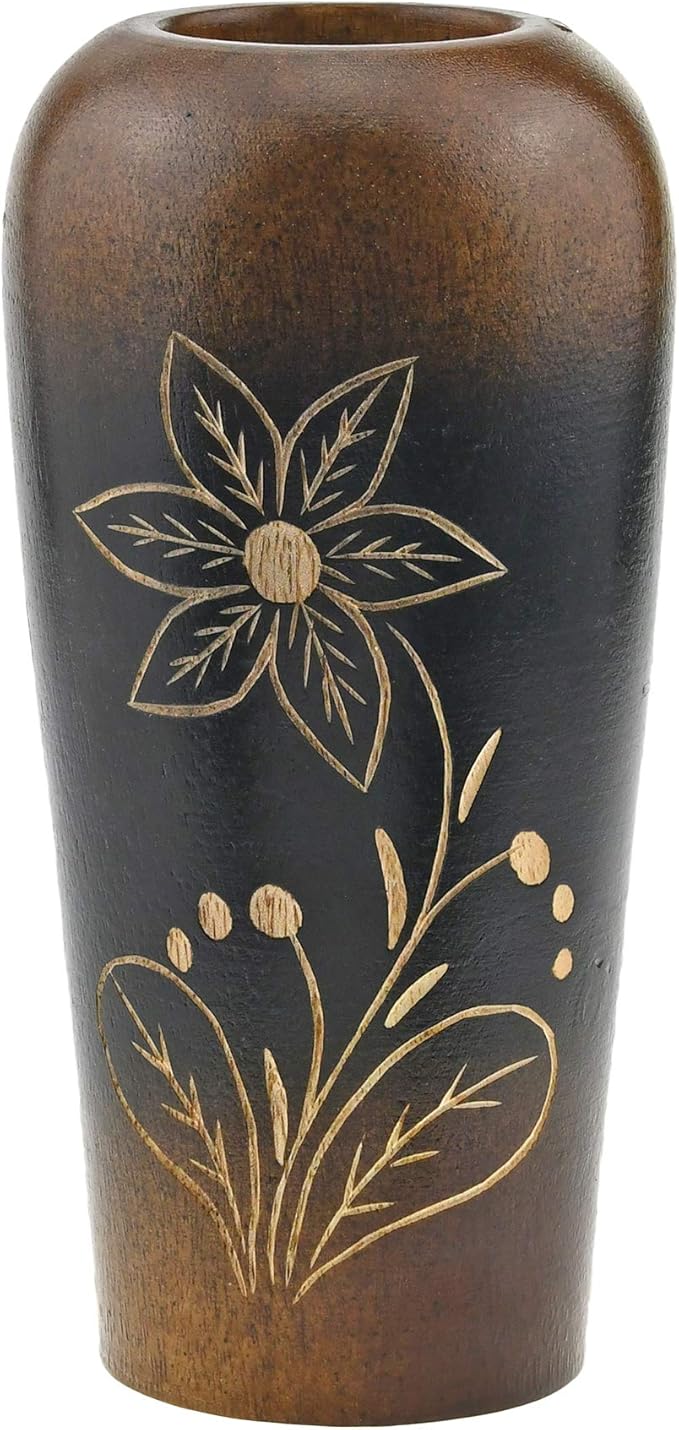 AeraVida Blooming Delicate Daisy Mango Tree Wood Flower Vase | Hand-Carved Brown and Black Decorative Piece for Home Décor | Handmade Natural Wooden Accent for Dried or Artificial Blooms