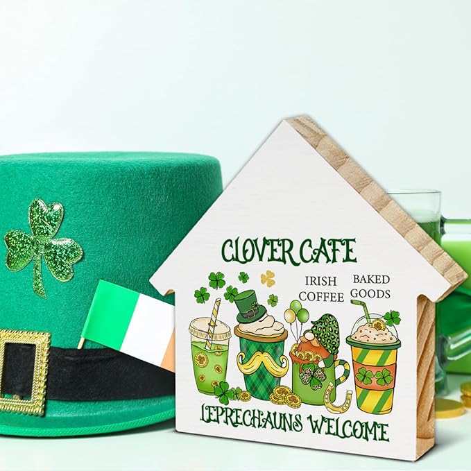 Coffee Sign Decor, St. Patrick's Day Kitchen Decor, Clover Cafe House Shaped Wood Block Sign, Home Coffee Bar Decorations for Desk Table Shelf, St Patricks Day Decorations