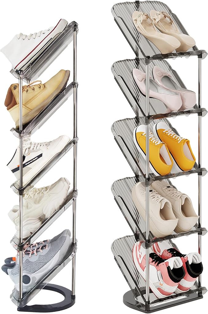 Sloping Narrow Shoe Rack 5 Tiers - Free Standing Vertical Shoes Racks for Small Spaces and Corner, Shoe Storage Organizer for Entryway, Tall Slim Shoe Shelf Cabinet for Shoes and Boots