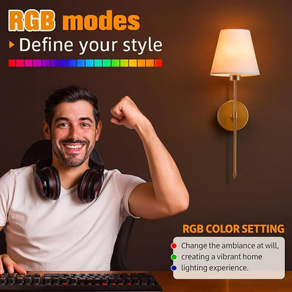 Wireless Wall Sconces Set of 2 with Remote — Gold Pleated Shades Cordless Rechargeable E26 Bulbs, 12 RGB Colors + 3000K/4000K/6000K, Dimmable Wall Mounted Lamps for Bedroom Living Room Hallway
