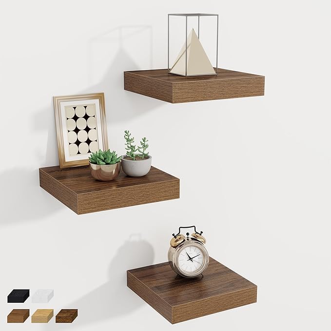 Fun Memories Small Floating Shelves for Wall - 8 Inch Square Wall Shelves with Invisible Brackets, Walnut Shelves for Bathroom, Living Room, Bedroom, and Kitchen Decor, Set of 3