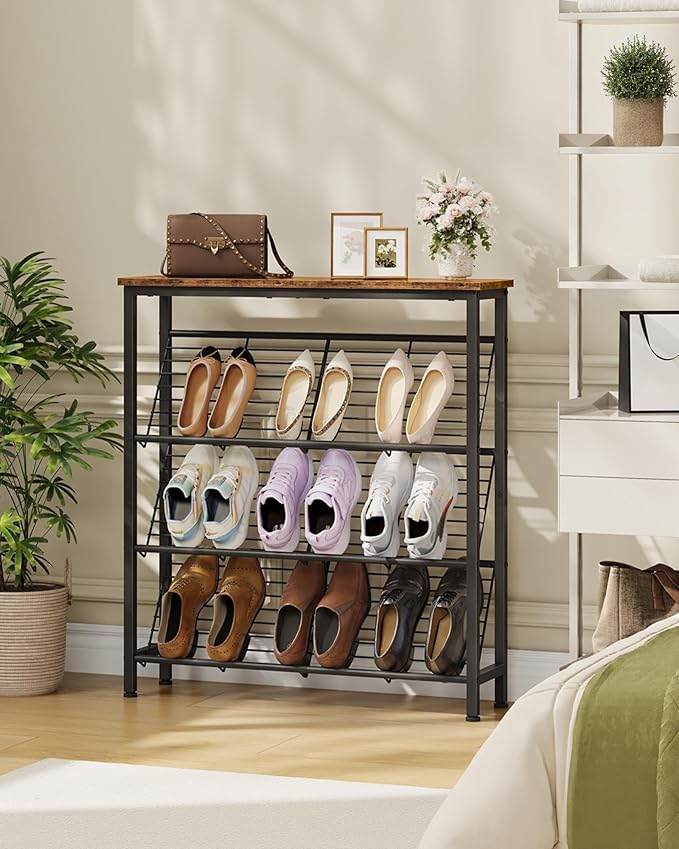 Shoe Rack, 4-Tier Narrow Shoe Storage Shelf, Slim Shoe Rack with Wooden Top and Metal Shelves, Slanted Shoe Organizer, Industrial Style, for Entryway, Hallway, Rustic Brown and Black TXJ76BF