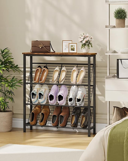 Shoe Rack, 4-Tier Narrow Shoe Storage Shelf, Slim Shoe Rack with Wooden Top and Metal Shelves, Slanted Shoe Organizer, Industrial Style, for Entryway, Hallway, Rustic Brown and Black TXJ76BF