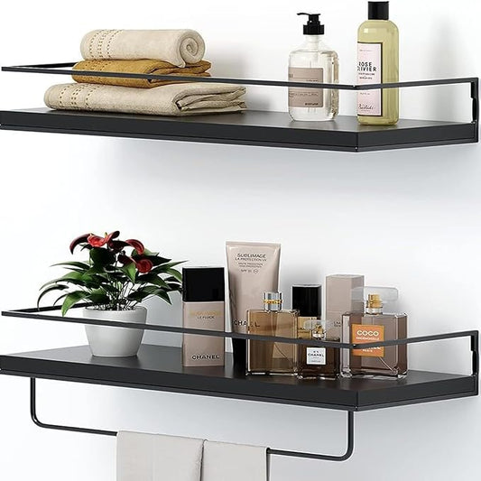 Floating Bathroom Shelves Set of 2 Wall Mounted Shelf with Black Metal Frame and Towel Rack for Bathroom Over Toilet Storage and Organizers for Bedroom Living Room Kitchen Office