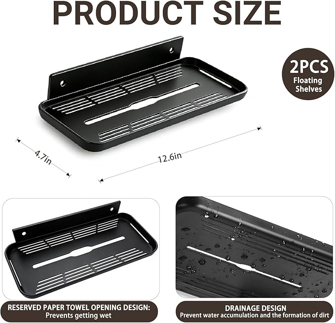 Adhesive Floating Shelves No Drill Floating Shelf for Wall Storage Damage-Free Wall Mounted Organizer for Bathroom, Kitchen, Bedroom & Office (Black, 2 PCS)