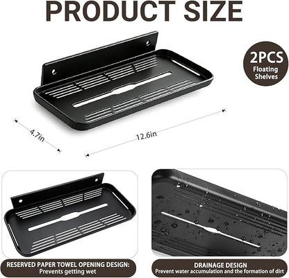 Adhesive Floating Shelves No Drill Floating Shelf for Wall Storage Damage-Free Wall Mounted Organizer for Bathroom, Kitchen, Bedroom & Office (Black, 2 PCS)