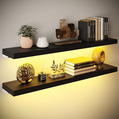 BAMEOS LED Floating Shelves for Wall, 35" W Black Wall Mounted Wooden Shelves with Invisible Brackets, Set of 2, Hanging Wall Shelves for Bedroom, Living Room, Kitchen, Study Decoration