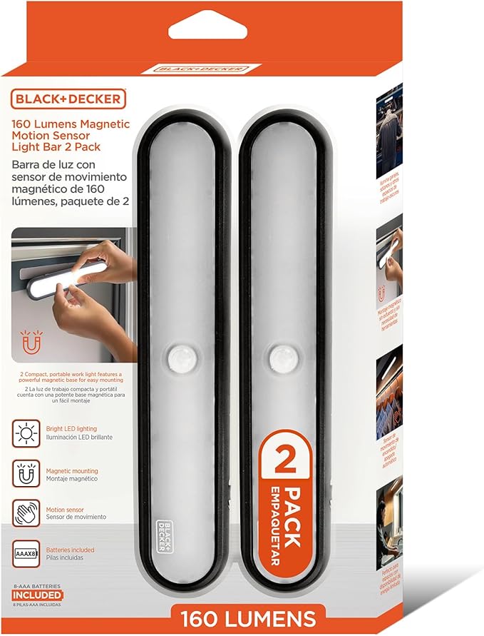 BLACK+DECKER 2-Pack 160LM LED Light Bars, Touchless Motion Sensor, Magnetic Mount, Powered with AAA Batteries, Slim and Portable Design to Brighten Indoor Rooms, Closets, Garages, Shelving (2-Pack)