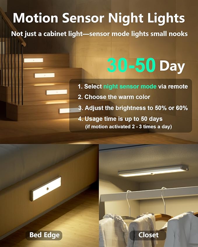 SZOKLED Motion Sensor Night Lights, 58-LED RGB Under Cabinet Lighting Wireless, 1100mAh Rechargeable Under Cabinet Lights Dimmable Closet Lights for Step, Stair, Kitchen,Hallway (2 Pack)