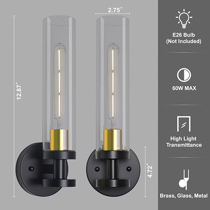 Wall Sconces Set of Two, Bathroom Sconces with Clear Glass, Hardwired Sconces Wall Decor Set of 2, Modern Wall Lights for Living Room Mirror Bedroom Hallway Kitchen (Gold and Black)