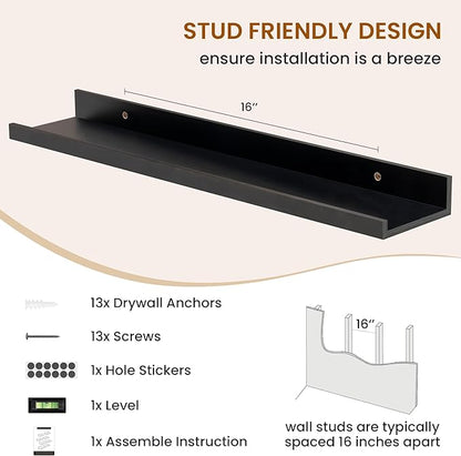 Axeman Picture Ledge Shelf, Floating Shelves for Decor Storage Set of 6, 24 inch Floating Wall Mounted Shelves, Wall Shelves with Lip for Living Room, Bedroom, Nursery, Bathroom, Kitchen, Black