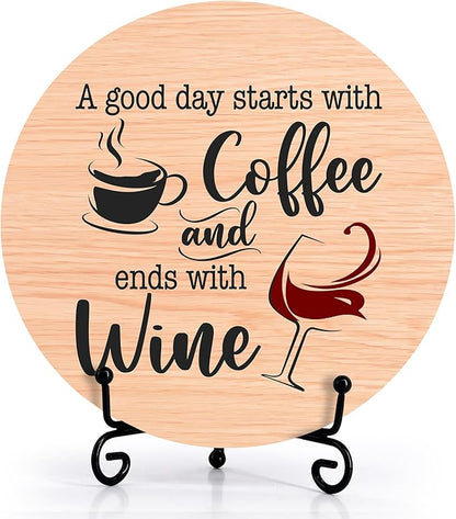 Coffee And Wine Desk Decor Sign, Rustic Funny Wooden Box Plaque, A Good Day Starts With Coffee And Ends With Wine Wood Sign, Decor For Home Kitchen Table Top, Wooden Round With Stand-24