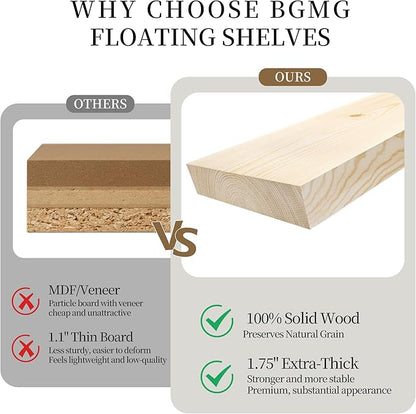 BGMG Wood Floating Shelves for Wall 54 inch Set of 2,Black Floating Shelves,Solid Wood Wall Mount Shelves for Bathroom Living Room Bedroom Kitchen Farmhouse -54x 6.7 x1.75 inch