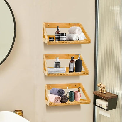 Floating Shelves Wall Mounted, 3 Pcs Solid Bamboo Wall Hanging Rack Holder, Wall Storage Shelves for Bedroom, Living Room, Bathroom, Kitchen, Office Decor