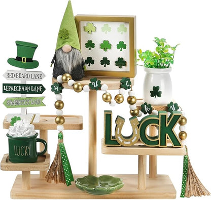 St Patrick's Day Decoration 8 PCS Tiered Tray Decor Set, Cute Tabletop Saint Patty's Day Décor for Home Shelf Mantel Fireplace Office Desk Coffee Bar Shamrock Sign Gnome Lucky Irish Tray Objects