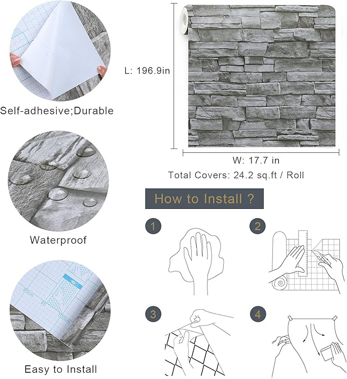 Timeet 3D Brick Stone Wallpaper Peel and Stick Wallpaper Self Adhesive 17.7"x197" Grey Stone Contact Paper for Living Room Bathroom Fireplace Kitchen Decoration Removable Vinyl Wall Paper Roll