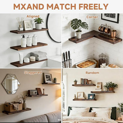 LifetimeWarranty Easy Install Floating Shelves Set of 3, 15.7 Inch Functional Wooden Wall Mounted Picture Ledge Shelf, Save storage for Home Decor & Storage in Bedroom, Living Room, Bathroom, Kitchen