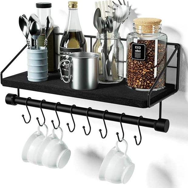 Alsonerbay Floating Shelves Wall Shelves for Bedroom, Bathroom Shelves Wall Mounted with Towel Bar, Kitchen Rustic Wood Shelf with Hooks for Hanging Cooking Utensils or Mugs