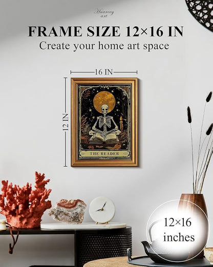HUARCEY Gold Framed Canvas Wall Art, Skeleton Reader Tarot Picture Decor, Library Reading Room School Decor, Book Lover Witchy Gothic Halloween Canvas Paintings, 12x16inch