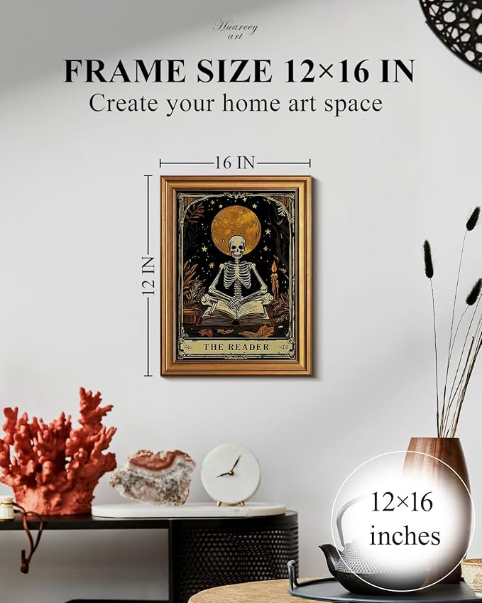 HUARCEY Gold Framed Canvas Wall Art, Skeleton Reader Tarot Picture Decor, Library Reading Room School Decor, Book Lover Witchy Gothic Halloween Canvas Paintings, 12x16inch