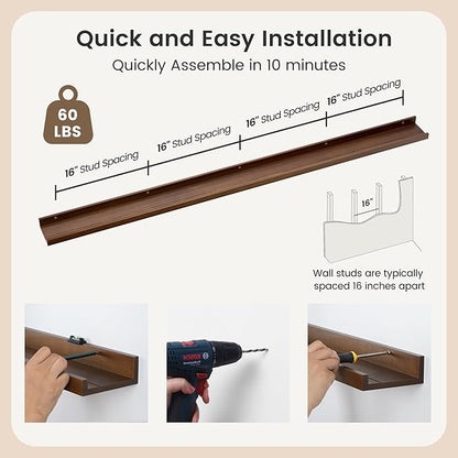 Picture Ledge Shelf, Floating Shelves Set of 2, Solid Ash Wood 72'' Long Large Nursery Book Shelves for Toys Storage, Kids Bookshelf for Living Room Bedroom Decor Books Photo Frames, Walnut