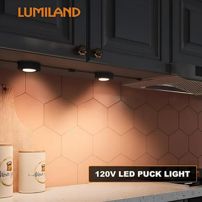 LUMILAND Wired LED Puck Lights (2.7Wx3) Plug-in Lighting Natural White (4000K), LED Cabinet Light for Kitchen Can Be Surface Mount or Recess Mount, Black