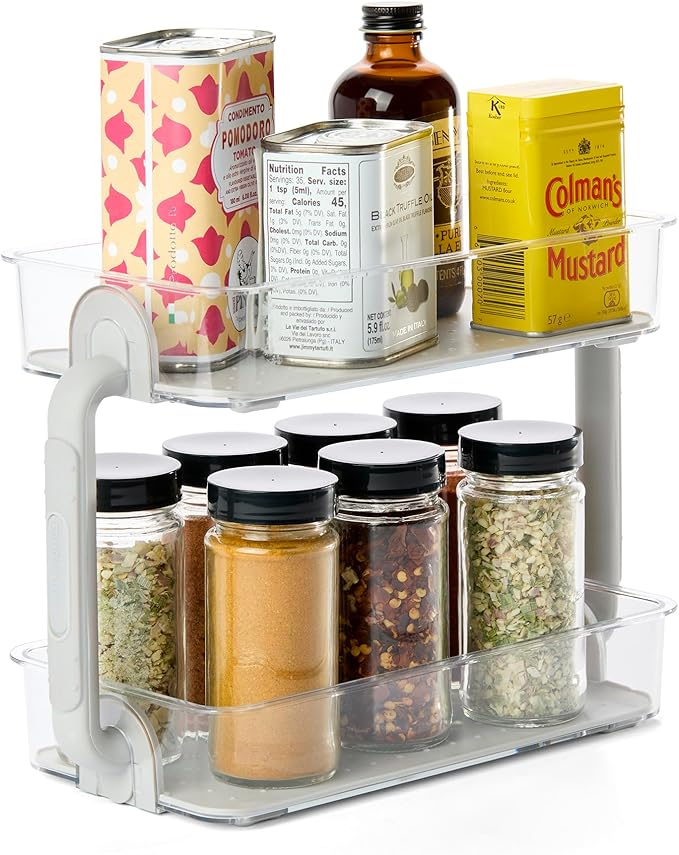 madesmart Tiered Spice Organizer, 8 Jars for Kitchen Essentials, Vertical Storage for Salt, Pepper, Cayenne, Soft-Grip Lining, Dual Handles, Grey