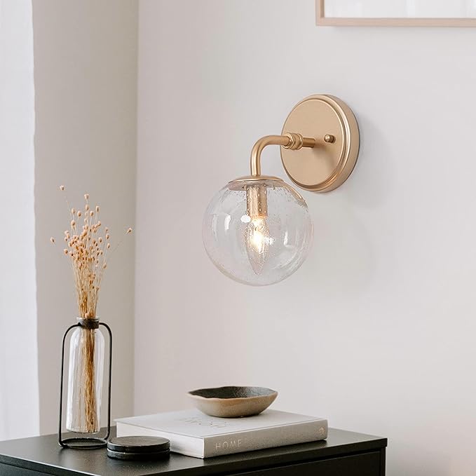 Gold Wall Sconce, 1-Light Minimalist Sconces Wall Lighting with Seeded Glass Globe, Modern Wall Mounted Light Fixture for Bathroom, Bedroom, Living Room and Stairway