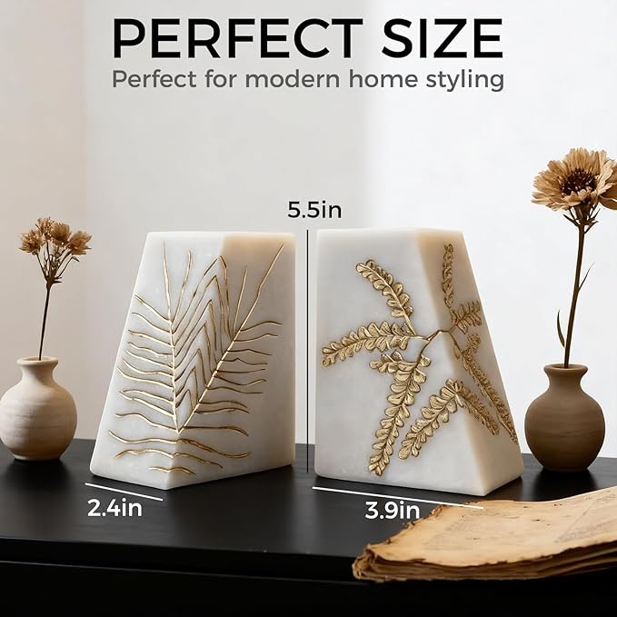 Heavy Duty Book Ends for Shelves, Decorative Book Ends for Heavy Books, Resin Modern Bookends with Marble Texture & Gold Botanical Detail, Minimalist Bookends for Home Decor, Set of 2