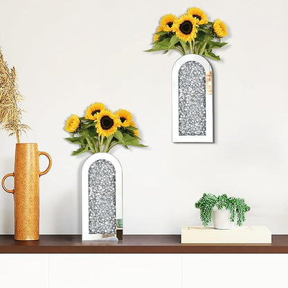 Crushed Diamond Mirrored Wall Decor Vase Crystal Silver Mirror Flower Vase Stunning Decor Glass Hanging Planter for Home Decor Living Room Dining Bedroom Hallway Wall Decor.Can't Hold Water(2 Set)