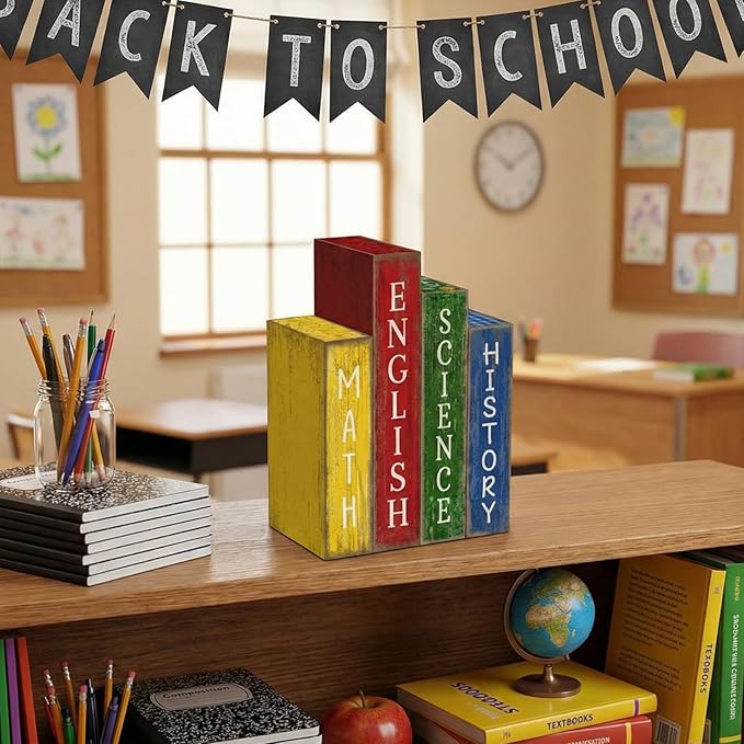 4 Pcs Back to School Table Decoration Wooden Subject Decoration Welcome Back to School Tiered Tray Decor Wood Book Sign Farmhouse for Class Party Home Shelf Coffee Table