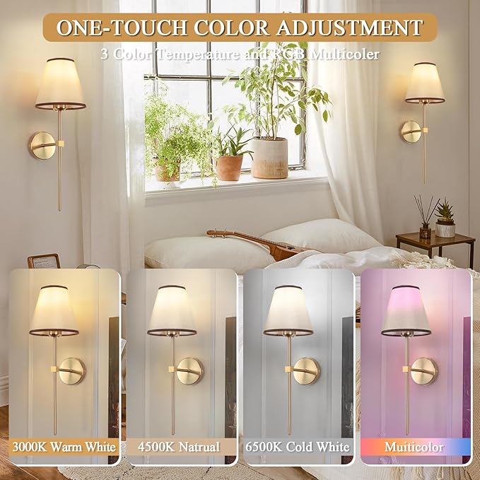 Battery Operated Wall Sconces Sets of 2,Indoor not Hardwired White Fabric lampshade Fixtures,Rechargeable Wireless 10 Colors Wall Lights with Dimmable Remote Control,for Bedroom Living Room