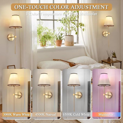 Battery Operated Wall Sconces Sets of 2,Indoor not Hardwired White Fabric lampshade Fixtures,Rechargeable Wireless 10 Colors Wall Lights with Dimmable Remote Control,for Bedroom Living Room