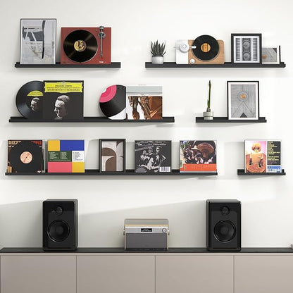 Heimlove Picture Ledge Shelf, Floating Shelves Set of 2, 48 Inches Picture Shelf for Wall with Ledge, Kids Bookshelf Wall Mounted for Living Room Bedroom Decor Books Photo Frames, Black