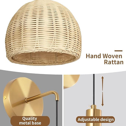Boho Battery Operated Wall Sconce Set of 2 with Remote, Rechargeable Rattan Wireless Sconces - Dimmable for Bedroom, Living Room, Entryway (Gold)
