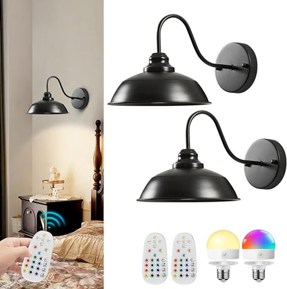Black Wireless Wall Sconces Set of Two Battery Operated Wall Lights with Remote and Dimmable Bulbs Rechargeable Vintage Gooseneck Wall Lamp for Bedroom, Living Room, Farmhouse