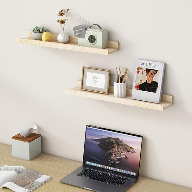 Picture Ledge Shelf for Wall, 24 inch Solid Ash Wood Nursery Book Shelves 2 Packs, Floating Shelves for Kids' Room Bedroom Bathroom Living Room Photo Frames Office Nursey Wall Decor, Natural