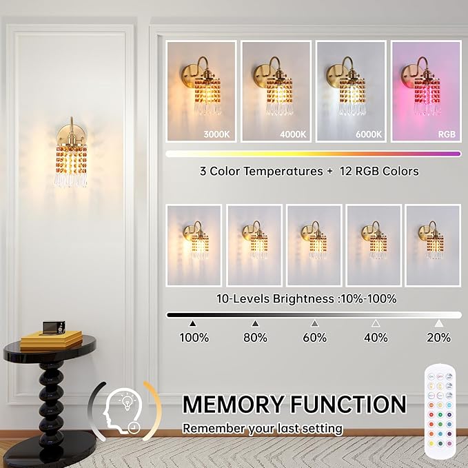 Set of 2 Crystal Battery Operated Wall Sconce, Rechargeable Battery Powered Wall Lamp with Remote Control, Modern Dimmable Wall Lights for Bedroom Bathroom(Tawny, Gold Base)