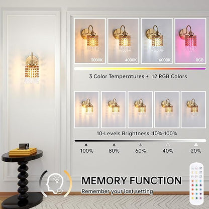Set of 2 Crystal Battery Operated Wall Sconce, Rechargeable Battery Powered Wall Lamp with Remote Control, Modern Dimmable Wall Lights for Bedroom Bathroom(Tawny, Gold Base)