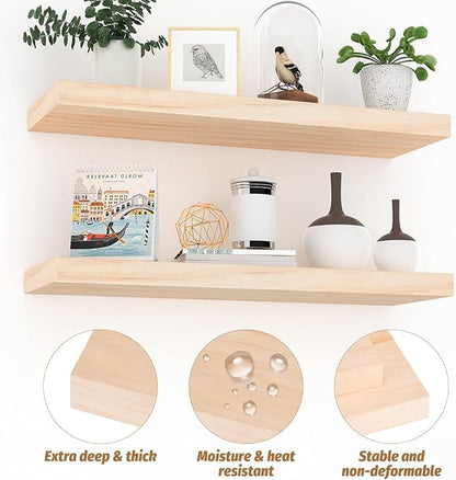 Floating Shelves (Set of 2) – Wall Mounted Shelves for Home Décor and Storage, Natural Pine Wood, Suitable for Living Room and Bedroom (Unfinished, 23.6" x 6.7" x 1.2")