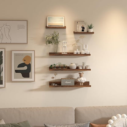 Giftgarden 24 Inch Wall Mounted Floating Shelves Set of 5, Rustic Wood Wall Shelves for Bathroom, Bedroom, Kitchen, Living Room Storage and Decoration, Brown Picture Ledge