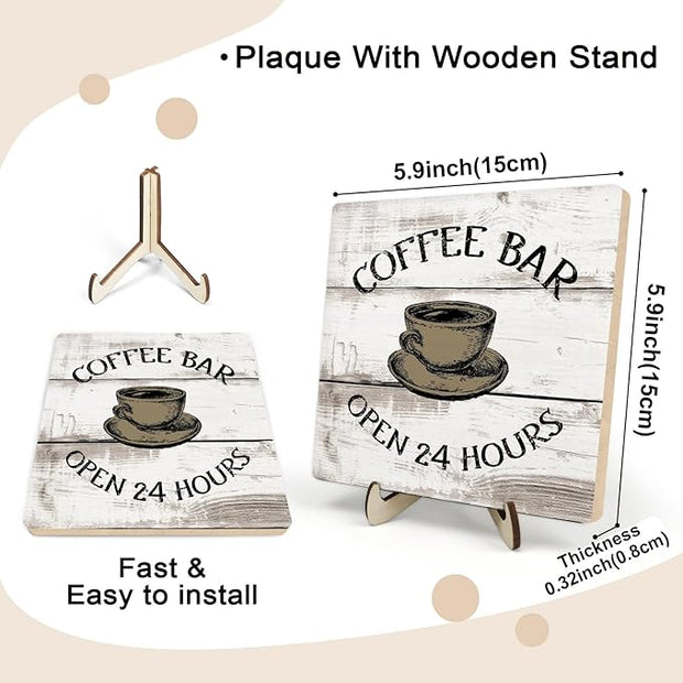 Coffee Bar Sign Plaque, Vintage Farmhouse Coffee Station Decor – 24 Hours Open Bar Plaque for Cafe, Home or Office, Rustic Kitchen Wall Art, CoffeeShop Accessories