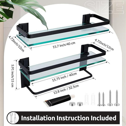 Suzile Set of 2 Glass Bathroom Shelves with Bar, Wall Mounted 15.7 x 4.7 Inches, Bathroom Shelves Hanging Modern Floating Shelf Metal Stick Room Rustproof Organizer Decorative(Black)