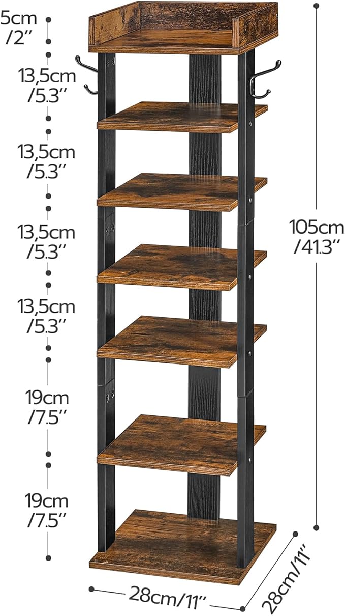 HOOBRO Vertical Shoe Rack for Front Door Entryway, 7 Tier Wooden Shoe Storage Organizer with Hooks, Narrow Shoe Tower for 7 Pairs, Space Saving, for Corner, Closet, Bedroom, Rustic Brown BF61XJ01