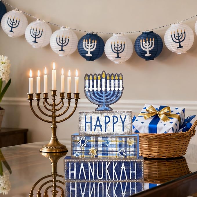 DIYDEC 4Pcs Hanukkah Table Decoration Happy Hanukkah Wooden Block Wooden Menorah Decoration Chanukah Table Centerpiece Sign Jewish New Year Decor for Holiday Gifts Tabletop Fireplace Shelf Desk Party