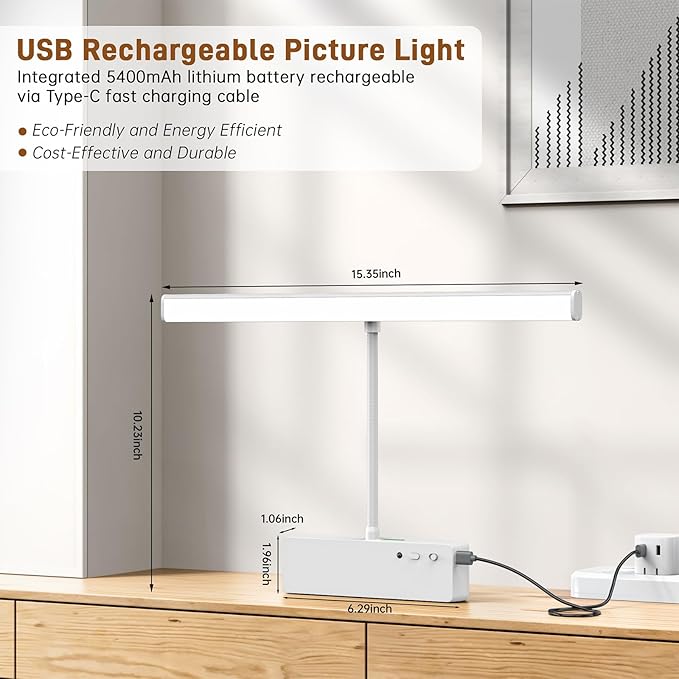 Picture Light, 15.35inch Wireless Picture Lights for Wall Rechargeable, 5400mAh Battery Wall Light with Remote, 3 Color Art Lighting for Paintings with Timer and Dimmable for Display, Gallery (White)