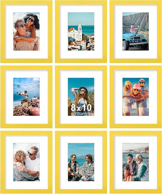 Vittanly 8x10 Picture Frames Set of 9, Shatter Resistant Plexiglass, Display 5x7 Pictures with Mat or 8x10 without Mat, Photo Frames for Wall or Tabletop, Engineered Wood, Yellow